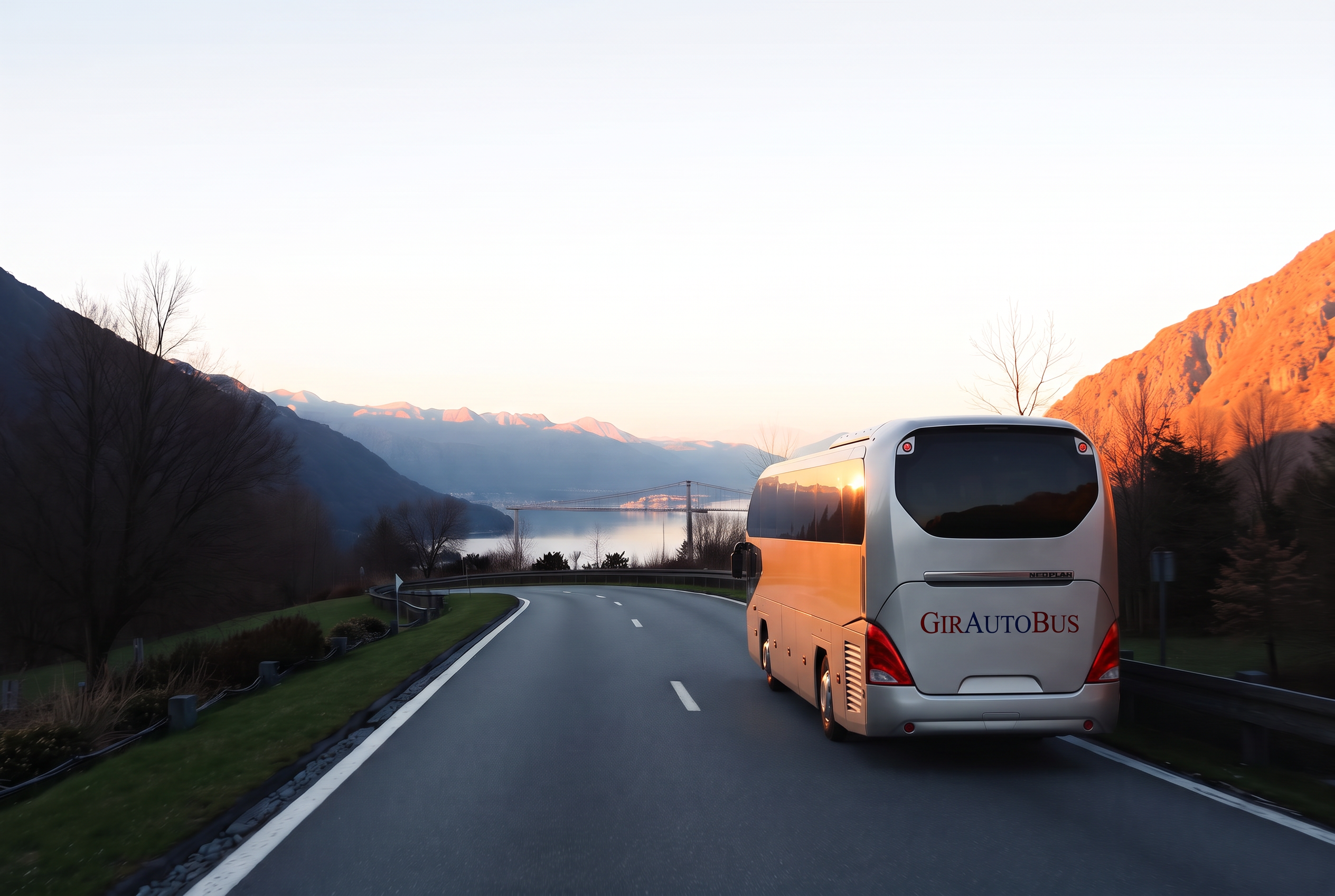 Autobus GranTurismo lungo la strada del lago al tramonto